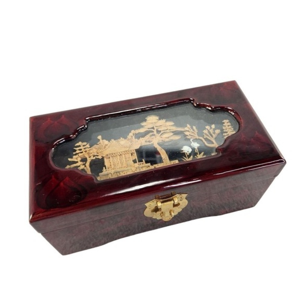 Lacquered Wood Jewelry Box Cork Diorama Pagoda Cranes Footed Trinket Box READ‎